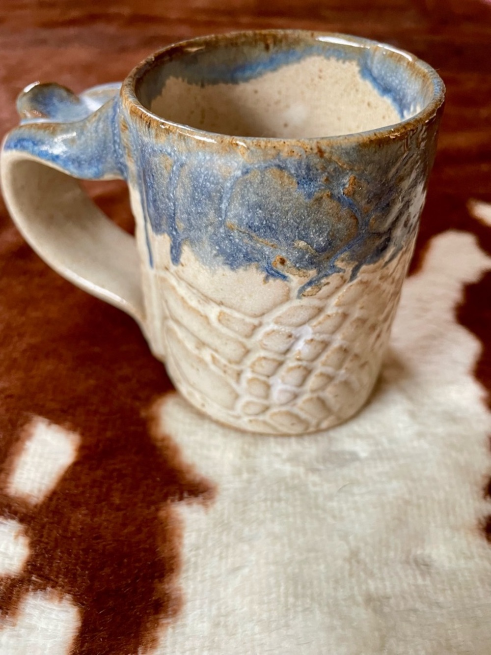 Vintage Handmade Ceramic Mug - Blue and Cream; textured